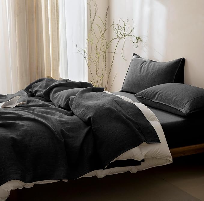 Talasily 100% French Pure Linen Sheets Set Twin Size,Oeko-TEX Certified Bedding, All-Season Breathable for Hot Sleepers,16 Inch Deep Pocket Machine Washable 3-Piece (Dark Grey)