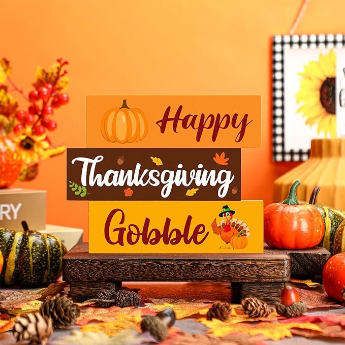 3 Pcs Thanksgiving Wooden Tabletop Signs Pumpkin Tiered Tray Decor Fall Double Side Centerpiece Rustic Wooden Block for Home Autumn Table Mantel Harvest Shelf Decor