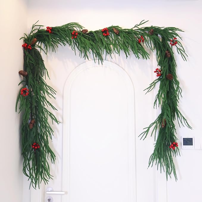 6FT Christmas Garland Real Touch Norfolk Pine Garland Faux Realistic Greenery Garland with Pine Cones and Berries for Mantle Fireplace Stairs Indoor Outdoor Decoration