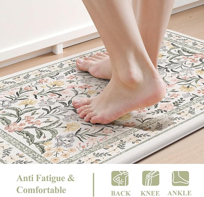 Collive Anti Fatigue Kitchen Floor Mat, Cushioned Waterproof Sink Mats Non Slip Floral Kitchen Rugs Sets of 2, Comfort Modern Standing Rug for Office, Laundry, Desk, 17"x30"+17"x47", Grey