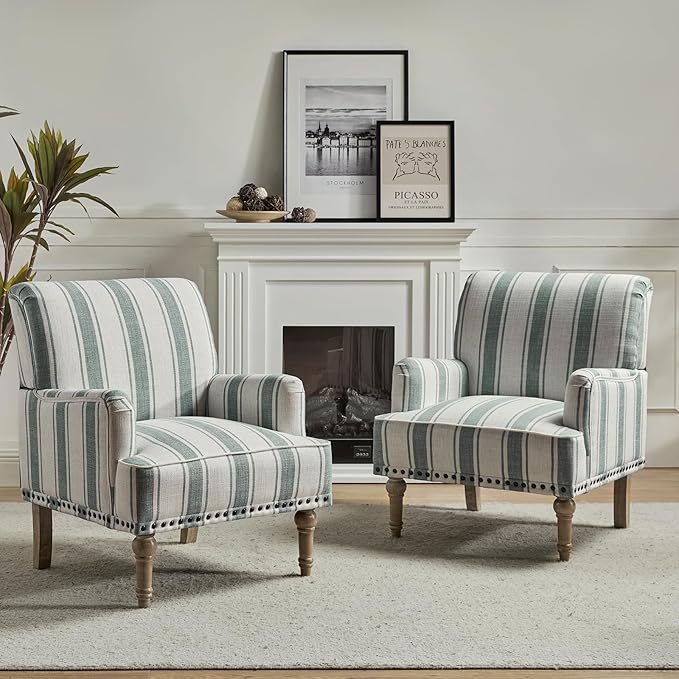 HULALA HOME Modern Armchairs Set of 2 with Wooden Legs & Nailhead Trim, Comfortable Upholstered Accent Chairs for Living Room Bedroom(Stripe Pattern, Blue)