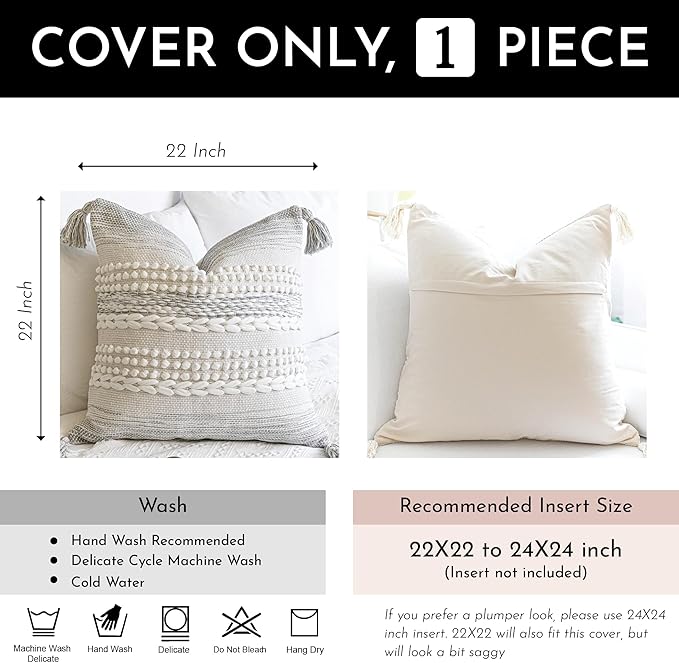 BlissBlush Gray Decorative Throw Pillow Cover 22X22, Boho Accent Pillow for Couch, Square Modern Farmhouse Pillowcase for Living Room Couch Sofa Cushion Home Décor (Pack of 1)