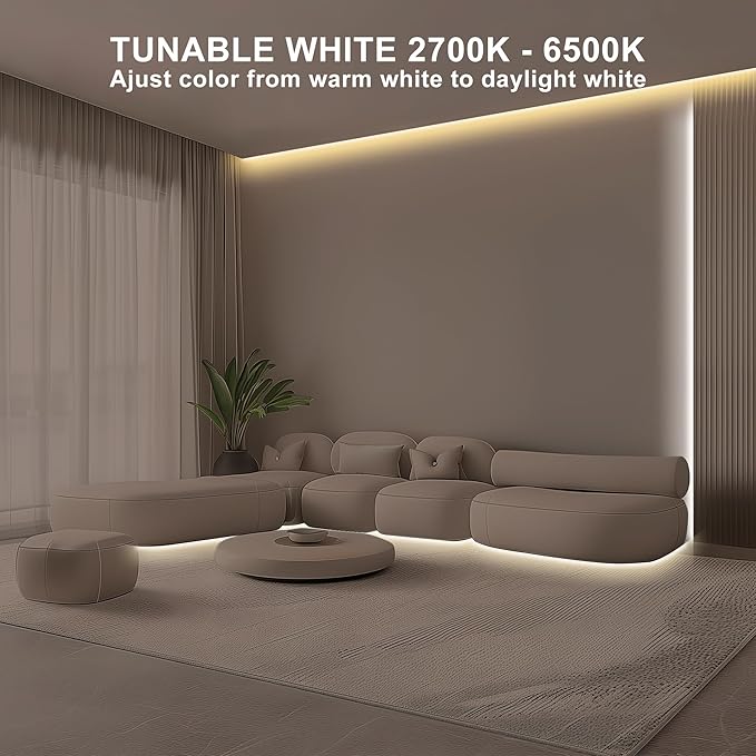 16.4ft Tunable White COB Led Strip Light with RF Remote, Dimmable CCT 2700K-6500K Led Tape Lights, Adhesive High Density Led COB Light Strip for Bedroom, Kitchen, Cabinet