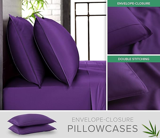 King Sheets by Pure Bamboo, Genuine 100% Organic Viscose Derived from Bamboo Bed Sheet Set, Luxuriously Soft & Cooling, Double Stitching, Lifetime Quality Promise (King, Purple)