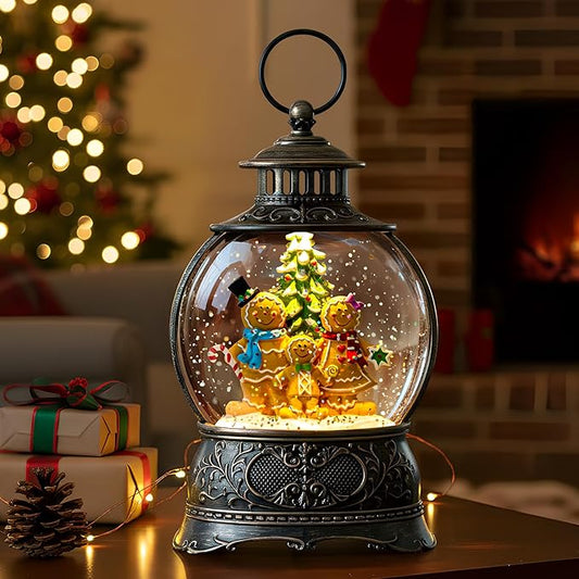 9.8" Christmas Snow Globe Water Lantern with Gingerbread Scene Battery Operated or USB Powered Musical Lighted Holiday Decoration for Tabletop Display for Family and Friends