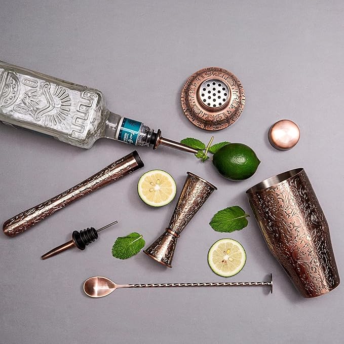 SKY FISH 3D Etching Cocktail Shaker Set Bartender Kit with Cocktail Shaker,Jigger, Muddler, Bar Spoon, Bar Accessory Tools, Reindeer Deer Head Pattern, Stainless Steel, Copper Plated