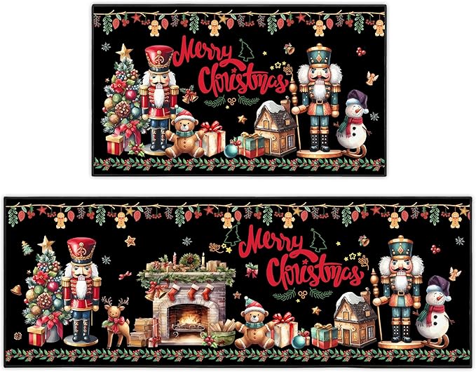2 Piece Christmas Nutcracker Themed Kitchen Rug Set, Soft and Absorbent Non-Slip Kitchen Floor Mats, Winter Merry Christmas Decor 17x30+17x47 Inches