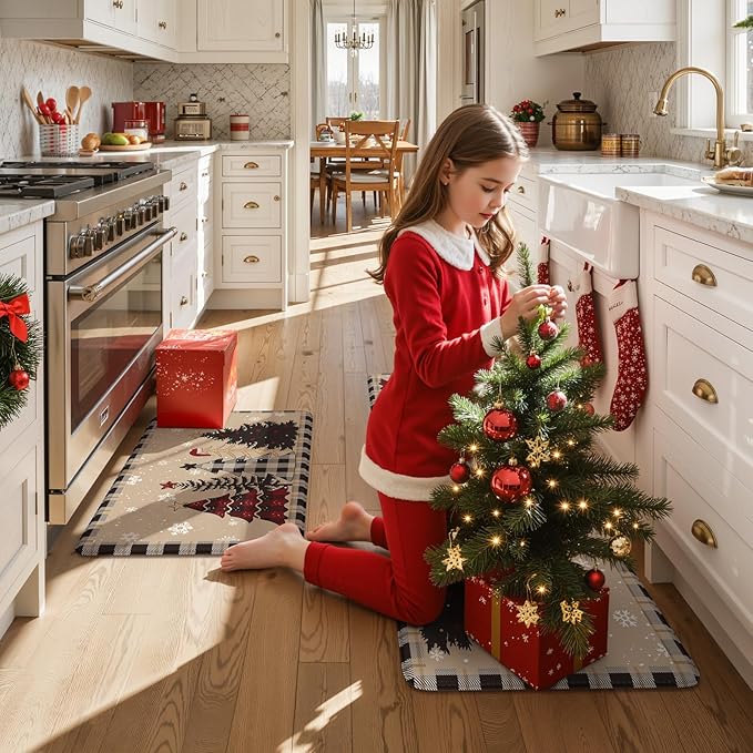 Merry Christmas Xmas Tree Kitchen Mats for Floor, Cushioned Anti Fatigue Kitchen Mat Sets of 2 Waterproof Sink Rugs, Buffalo Plaid Non Skid Comfort Standing Rug for Desk Home Decor, Tan/Black