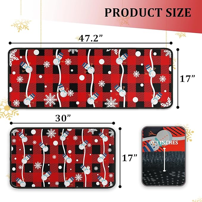 Buffalo Plaid Christmas Kitchen Rugs and Mats Set of 2, Christmas Snowman Winter New Year Holiday Party Low-Profile Floor Mat Merry Christmas Decorations for Kitchen Home- 17"x47"+17"x30"