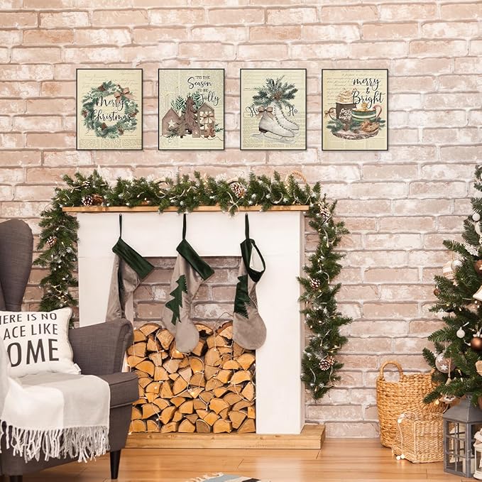 ETVISO Vintage Christmas Wall Art Prints Set of 4, Retro Merry Christmas Garland Poster, Winter Holidays Gift Print Decor, 8x10 (Unframed)