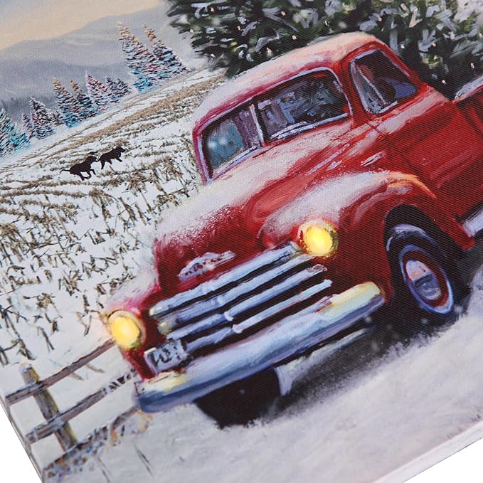 NIKKY HOME 16" x 12" Christmas LED Lighted Canvas Wall Art Prints Light Up Red Truck Barn House and Christmas Tree Picture Winter Snow Scene for Holiday Decor