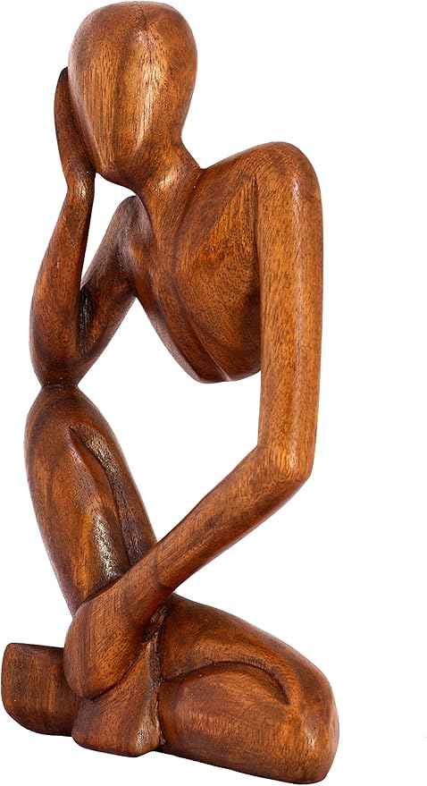 12" Wooden Abstract Thinker Statue, Hand Carved Thinking Man Figurine, Modern Minimalist Sculpture, Handmade Home Decor Accent Gift (Brown)