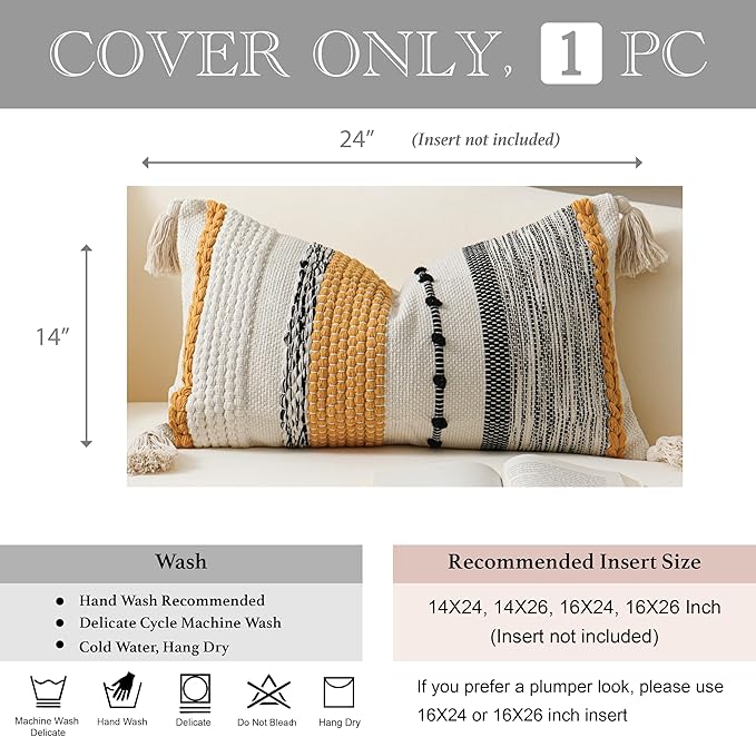 BlissBlush Fall Decorative Lumbar Throw Pillow Cover 14x24 Boho Yellow Mustard Accent Cushion for Couch Sofa Farmhouse Pillowcase for Bedroom Living Room Home Décor Cover ONLY
