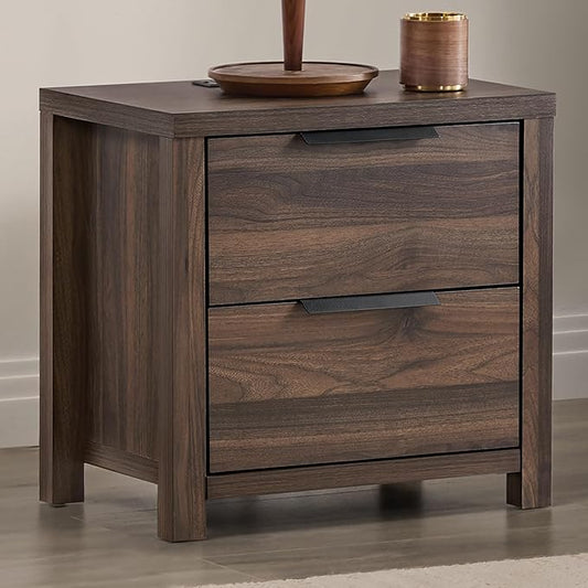 21" Farmhouse Nightstand with Charging Station 2 Drawers Large End Table with Metal Handle Rustic Low Night Stand Wood Dresser for Living Room Bedroom Closet,Walnut