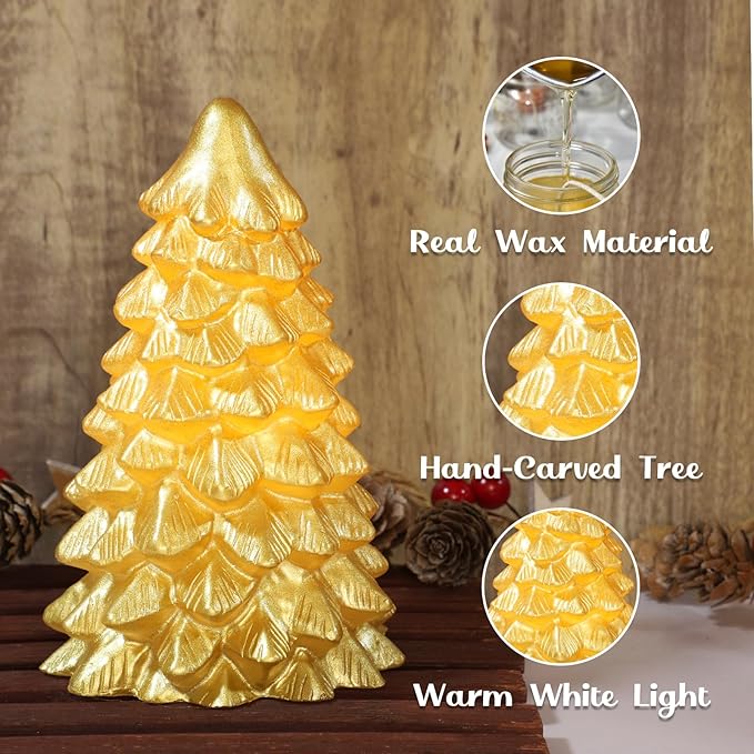 Christmas Flameless Candles Gold Christmas Tree Tabletop Flickering LED Warm Light Battery Operated Candle with Remote Lighted Xmas Tree Figurines for Fireplace Home Decor Indoor Holiday Gifts