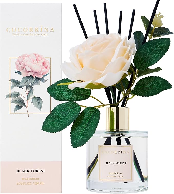Cocorrina Reed Diffuser Set, Flower Reed Diffuser Black Forest 6.7 oz, Scented Diffuser with Sticks Home Fragrance Essential Oil for Bathroom Shelf Decor, Living Room, Large Room, 1pack