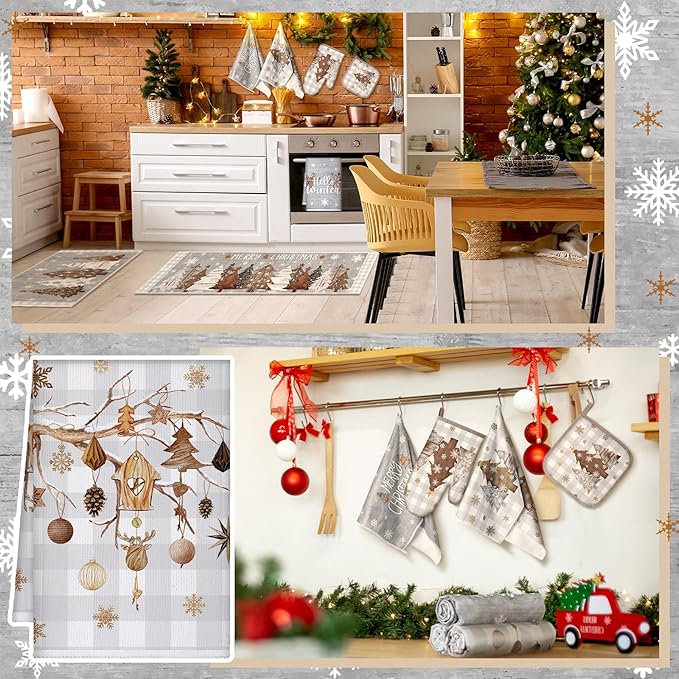 10 Pcs Christmas Kitchen Decor Set Kitchen Towels and Rugs Oven Mitts Pot Holders Absorbent Towels for Baking Cooking BBQ Gifts Home Decor(White and Gray,Original Wood)