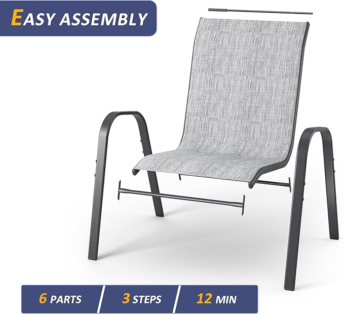 Amopatio 7 Pieces Patio Dining Set, Outdoor Table and Chairs, Square Metal Table with Umbrella Hole, 6 Stackable Chairs, Patio Furniture Sets for Deck, Backyard, Garden and Poolside,Light Grey