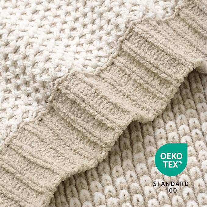 Amélie Home Honeycomb Knit Throw Blanket for Couch, Dual-Sided Soft Chenille Decorative Blankets for Sofa & Chair, 50"x60", Khaki & White