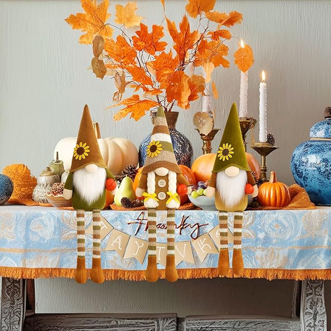 Thanksgiving Decorations Fall Decor 3PCS Fall Pumpkin Gnomes Plush for Thanksgiving Day Gift, Fall Decorations for Home, Fall Leaves and Dangle Legs Gnomes for Fall Table Ornaments