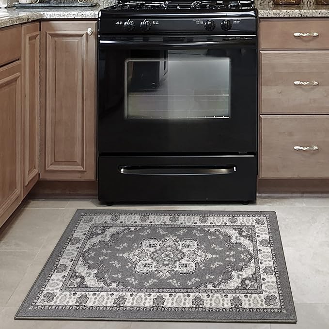 Antep Rugs Alfombras Oriental Traditional 2x4 Non-Skid (Non-Slip) Low Profile Pile Rubber Backing Kitchen Area Rugs (Gray, 2'3" x 4')
