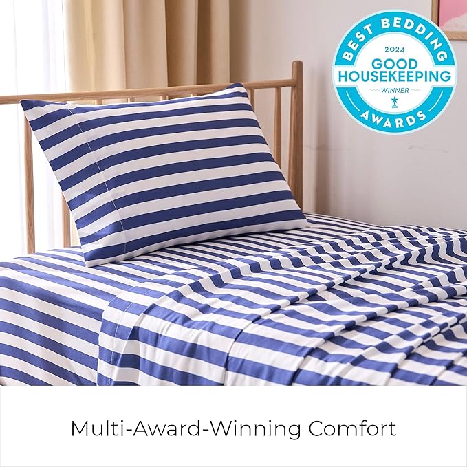 Mellanni Twin XL Sheets Set - 3 PC Iconic Collection Bedding - Hotel Luxury, Soft, Cooling Bed Sheets - Wrinkle, Fade, Stain Resistant (Twin Extra Long, Oxford Stripe Blue Nova)