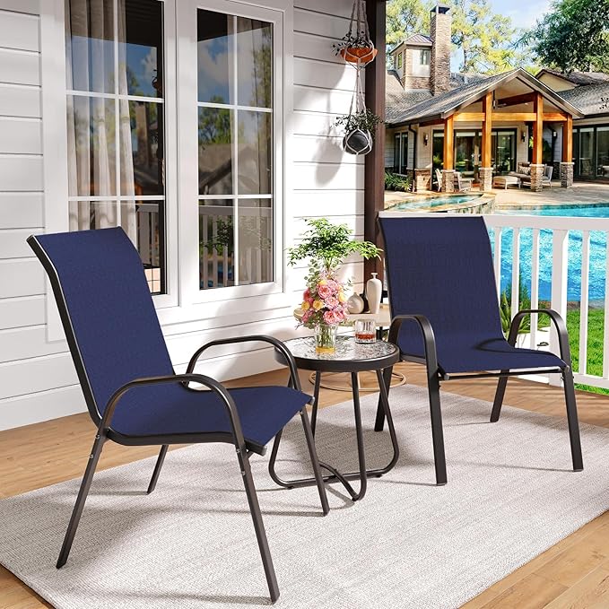 Amopatio 3 Piece Patio Set, Outdoor Stackable Dinging Chairs for All Weather, Breathable Garden Outdoor Furniture for Backyard Deck, Navy Blue