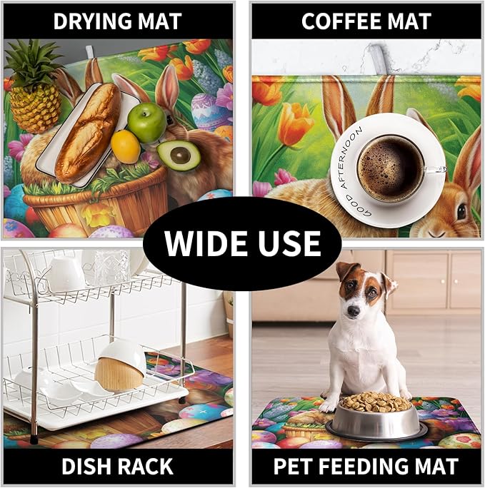 Easter Bunny Eggs Dish Drying Mat for Kitchen Counter, Tulip Floral Flower Drying Mat Spring Summer Holiday Dish Mat Drying Kitchen Mat Absorbent Kitchen Drying Mat for Sink 18x24Inch