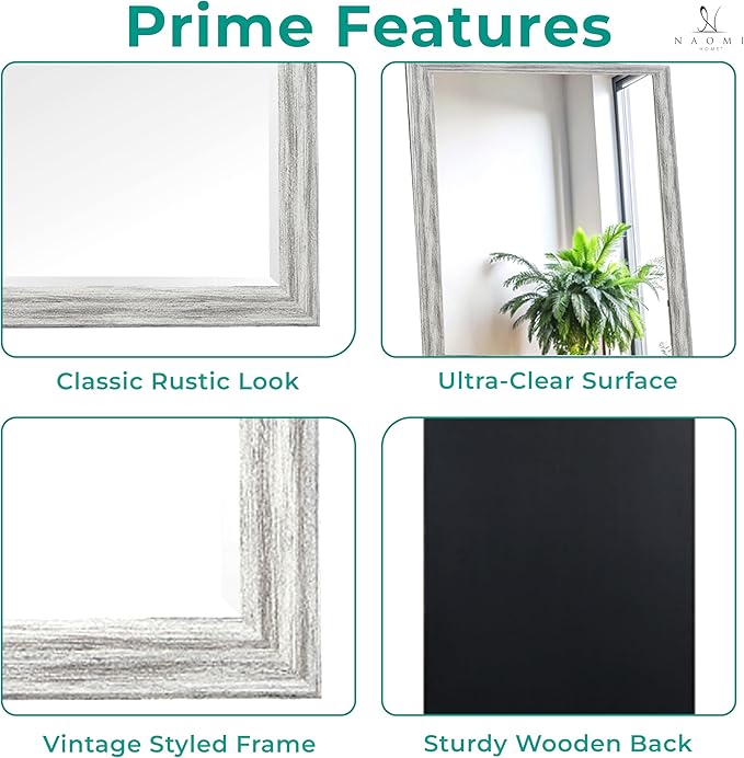Naomi Home Farmhouse Full-Length Mirror with Wood Frame – Rustic 66"x32" Large Floor Mirror, Elegant Full Body Standing or Wall Mirrors, Rustic Wood Full Length for Bedroom - White
