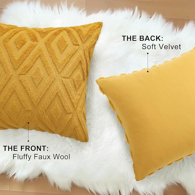 decorUhome Couch Throw Pillow Covers 16x16 Set of 2, Decorative Soft Plush Faux Wool Neutral Accent Pillow Covers for Bed Sofa Living Room, Mustard Yellow