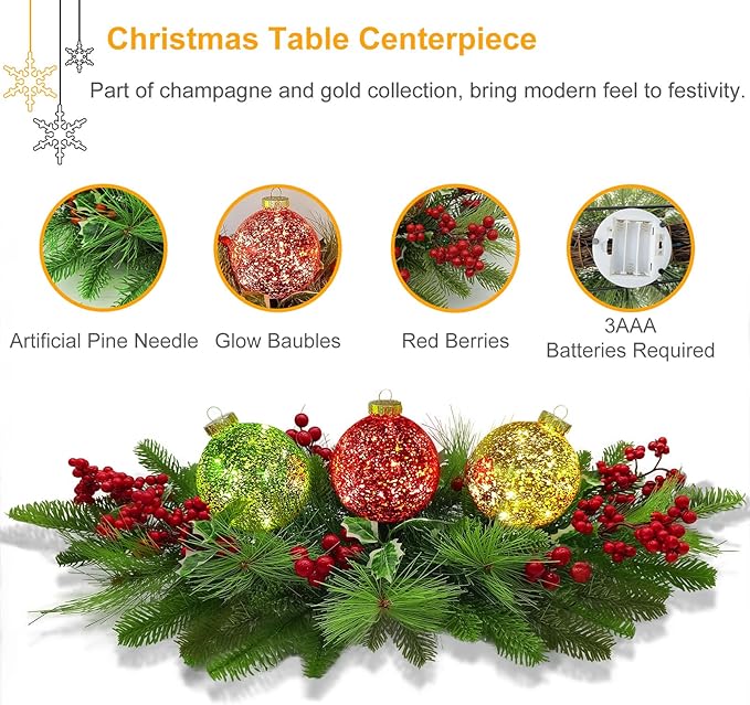 Christmas Table Centerpieces Decorations, Lighted Table Accent Centerpiece with LED Sparkle Baubles Battery Operated with Timer Holiday Candelabrum for Home Party Xmas Table Mantel Decoration