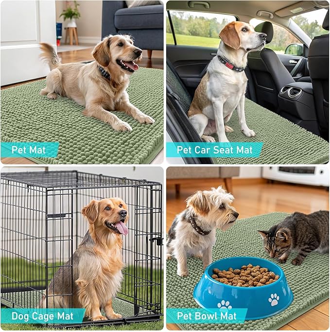 OLANLY Dog Door Mat Set 4-Piece 24x16, Absorbs Moisture and Dirt, Absorbent Non-Slip Washable Doormat, Quick Dry Chenille Mud Mat for Dogs, Entry Indoor Entryway Carpet for Inside Floor, Sage Green