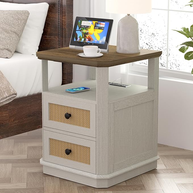 End Table Set of 2 with Charging Station, 24” Tall Sofa Side Table with Rattan Drawer, Anti-Collision Angle Wooden Night Stand for Living Room, Bedroom, Office