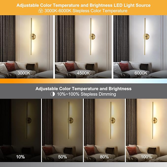 Wireless Battery Operated Wall Sconces with Remote, Gold Rechargeable Led Wall Lights Set of Two, Cordless Dimmable Battery Powered Wall Lamp Decor for Bedroom Living Room, 3 Color, 28 Inch