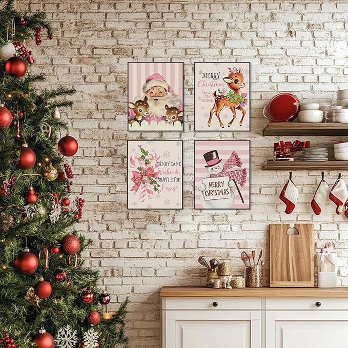 PLKMN Pink Christmas Wall Art Prints Set of 4, Vintage Santa Claus Snowman Wall Art Decor, Merry Christmas Decor for Gallery, Living Room, Bathroom, 8x10 (Unframed)