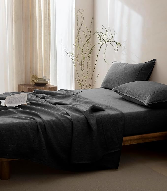 Talasily 100% French Pure Linen Sheets Set Twin Size,Oeko-TEX Certified Bedding, All-Season Breathable for Hot Sleepers,16 Inch Deep Pocket Machine Washable 3-Piece (Dark Grey)