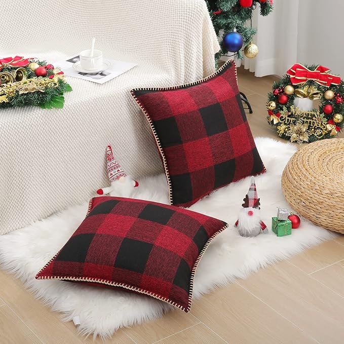 decorUhome Christmas Buffalo Plaid Check Throw Pillow Covers 20x20 Set of 2, Farmhouse Gingham Linen Decorative Pillow Covers with Stitched Edge for Bed Couch Sofa, Red and Black