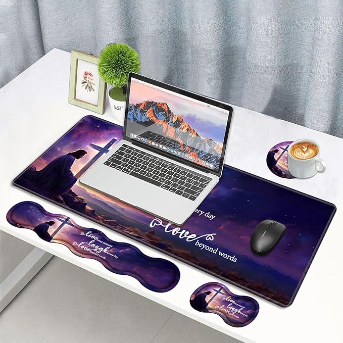 4 in 1 Ergonomic Memory Foam Mouse Pad Wrist Rest Set, Large Gaming Desk Pad + Keyboard Wrist Rest + Mouse Wrist Cushion + Coaster for Home Office Study Gaming, Christian Cross Quote Live Laugh Love