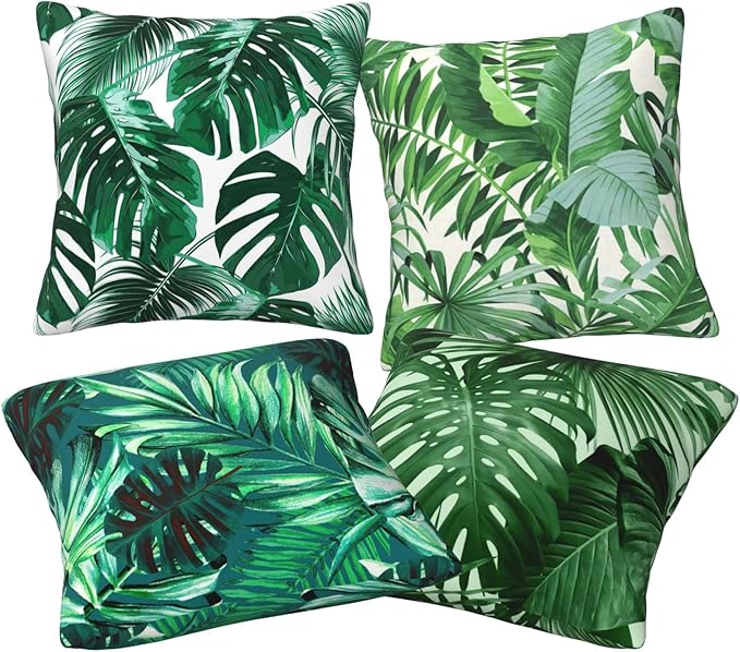 Tropical Green Leaves Throw Pillow Covers 18x18 Set of 4 Palm Leaf Decorative Throw Pillow Cushion Cases Cover for Sofa Couch Car Home Decor