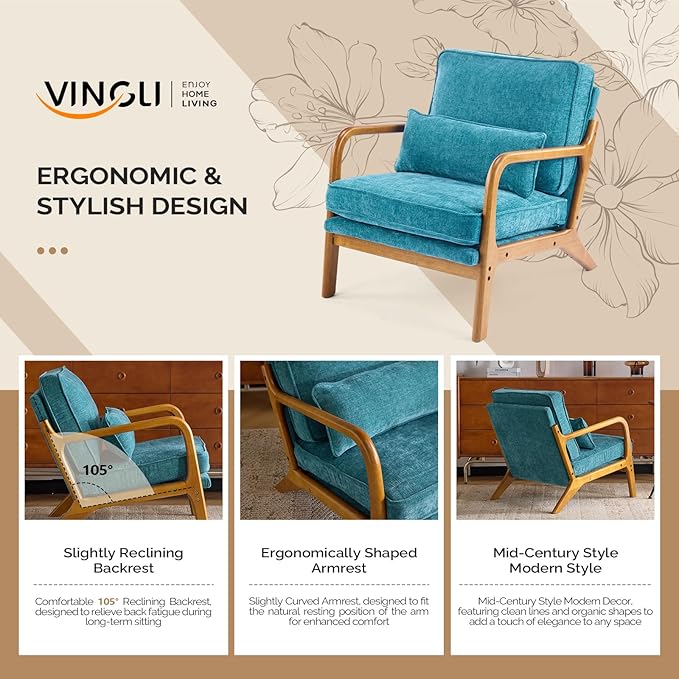 VINGLI Chenille Mid-Century Modern Accent Chair, Cute Reading Arm Chair with Cushion & Lumbar Pillow & Solid Wood Frame for Lounge, Living Room, Reading Room, Bedroom, Turquoise