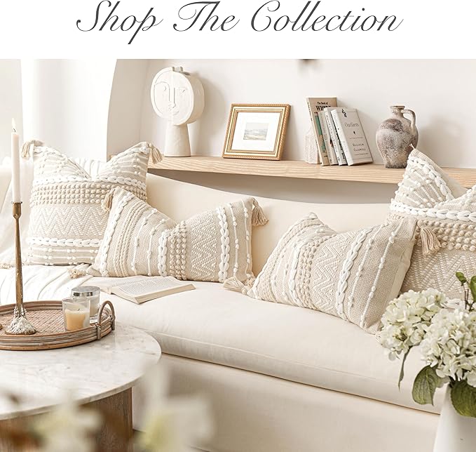 BlissBlush Decorative Lumbar Pillow Cover 14x24, Cream White Boho Accent Throw Pillow Case for Couch Sofa Bed, Modern Farmhouse Textured Lumbar Cushion Bedroom Living Room, Cover ONLY