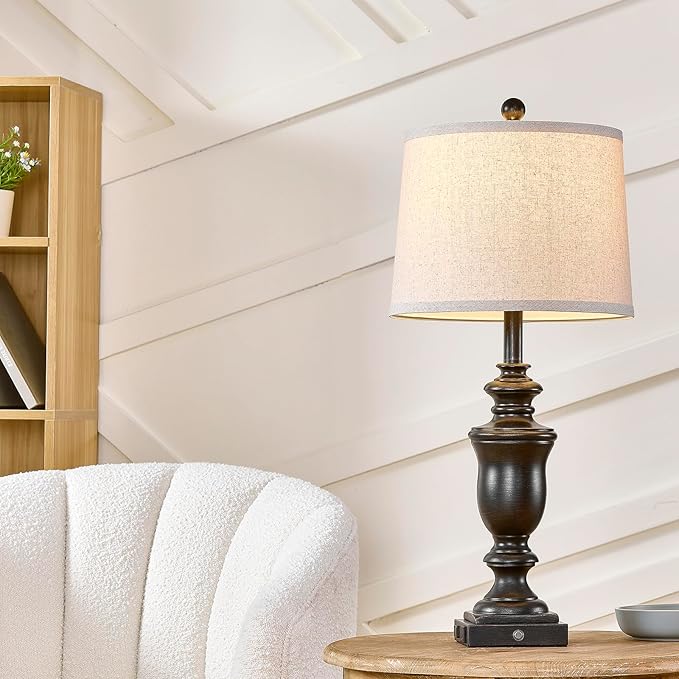 27.5" Set of 2 Farmhouse Table Lamps for Bedroom, 3 Way Dimmable Bedside Lamp with 2 USB +AC Outlet Nightstand Lamps for Living Room Resin Rustic Touch Lamps (Antique Black)