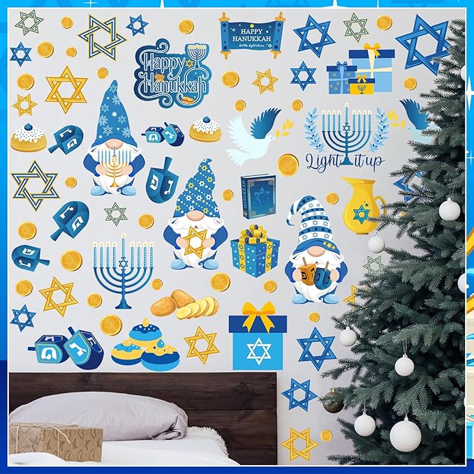 ReliThick Hanukkah Wall Decals & Window Clings - 78 Pcs Blue & Yellow Menorah Star & Gnome Stickers - Party Decor for Living Room, Bedroom & Nursery