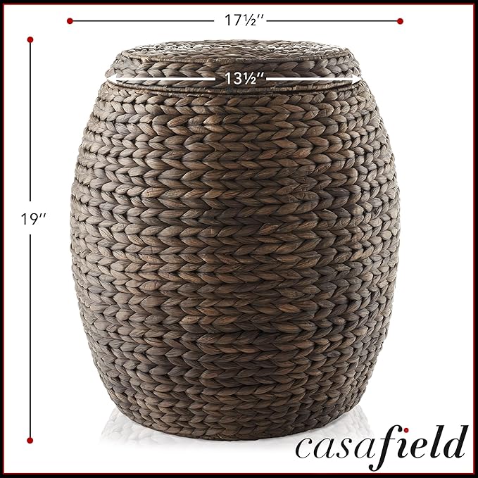 Casafield Round Storage Basket with Lid - Espresso, Handwoven Water Hyacinth Organizer for Laundry, Blankets, Plants, Bedroom, Living Room, Home Office