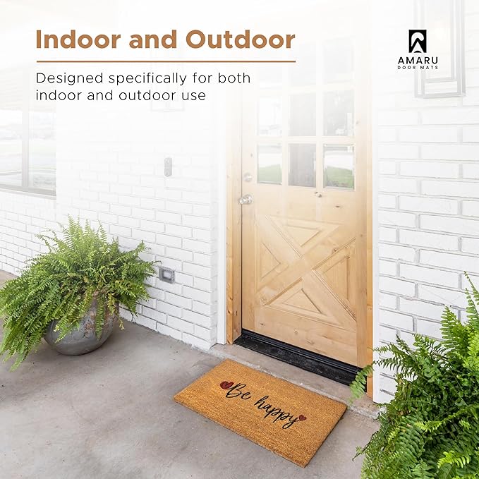 Be Happy - 17"x29" - Coir Door Mat with Heavy Duty Backing - Welcome Mats for Entryway, Porch - Anti-Slip PVC & Coconut Fiber Surface - Natural Home Accessories, Minimalist Original Design