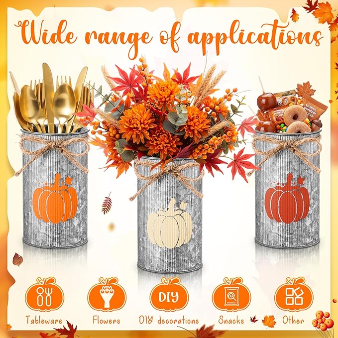 Domensi 6 Pcs Fall Table Centerpiece Pumpkin Vases Thanksgiving Decor Galvanized Metal Vases for Flowers Farmhouse Mason Jars Utensil Holder for Fall Home Thanksgiving Autumn Harvest Decorations