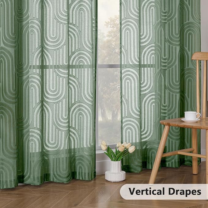 Simplebrand Sage Green Sheer Curtains, 42W x 45L Inches, 2 Panels, Geometric Mid Century Jacquard Clip Textured, Light Filtering, Rod Pocket, Bedroom, Living Room