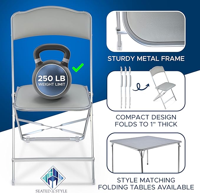 Folding Chairs with Padded Seats 4 Pack - Foldable Chair with Heavy-Duty Steel Frame, Elegant Party Bridge Chairs for Outside, Home, Office, Indoor & Outdoor Events - Silver/Grey