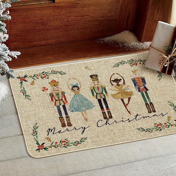Artoid Mode Watercolor Nutcrackers Merry Christmas Welcome Decorative Doormat, Seasonal Winter Low-Profile Rug Switch Mat for Indoor Outdoor 24x35 Inch