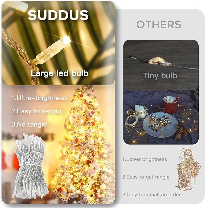 suddus 300 Led Connectable Christmas Lights Outdoor Waterproof, 99ft Christmas Tree Light Plug in with Remote, Warm White String Lights Indoor for Xmas Holiday Yard Party Porch Patio Garden Decor